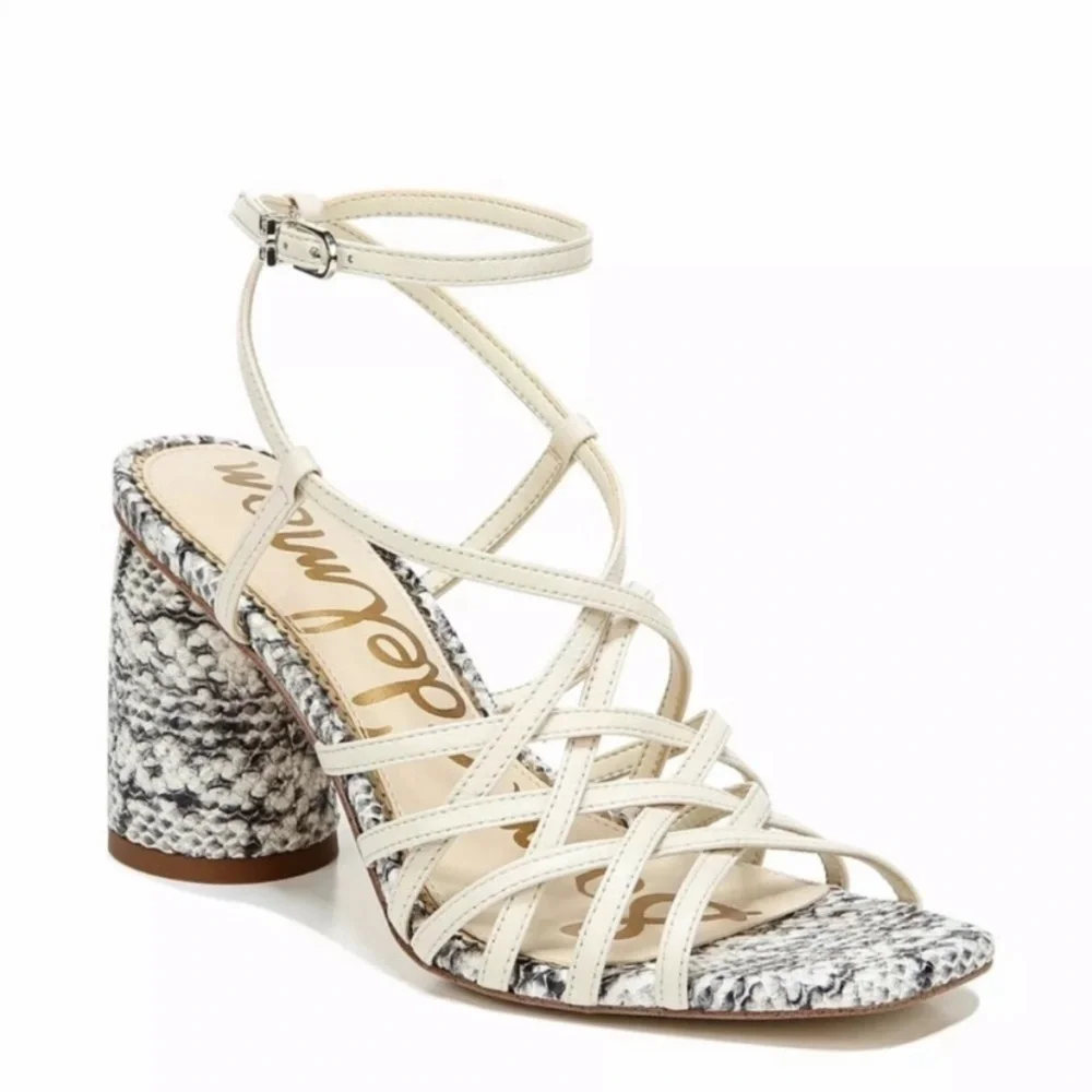 Sam Edelman Daffodil Strappy Snake Print Heeled Sandals IVORY Leather